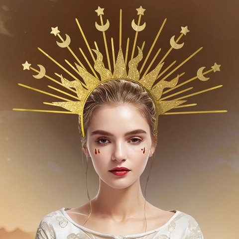 Gold Halo Crown Headband With Sun Moon Star Elements Glitter Goddess Headpiece For Halloween Cosplay Party Photo Props Women