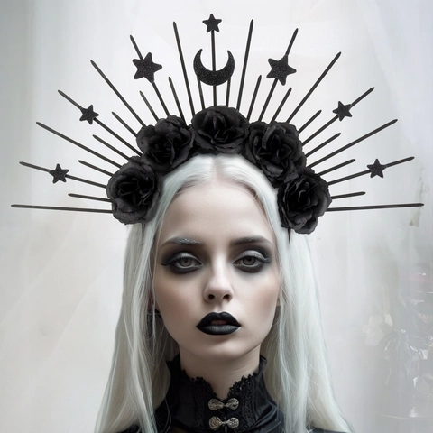Gothic Black Rose Halo Crown Headband Sunburst Spikes Star Moon Headpiece For Halloween Cosplay Masquerade Party Women Hair Accessories