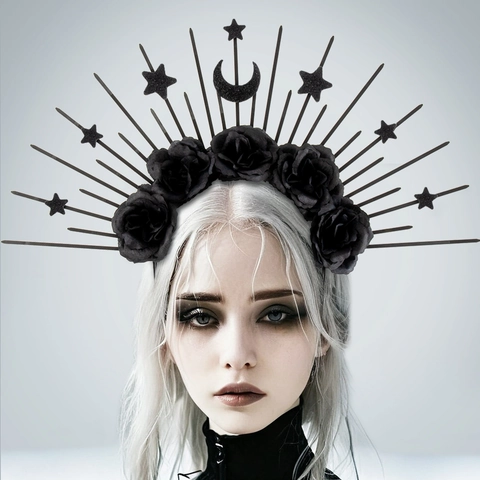 Gothic Black Rose Halo Crown Headband Sunburst Spikes Star Moon Headpiece For Halloween Cosplay Masquerade Party Women Hair Accessories