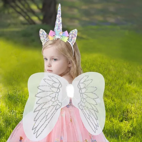 Ensemble de Costume Bandeau Licorne à Paillettes et Ailes de Papillon Serre-tête à Paillettes Arc-en-Ciel Ailes d'Ange pour Fête d'Anniversaire d'Enfants