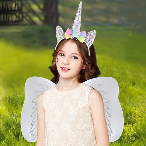 Ensemble de Costume Bandeau Licorne à Paillettes et Ailes de Papillon Serre-tête à Paillettes Arc-en-Ciel Ailes d'Ange pour Fête d'Anniversaire d'Enfants