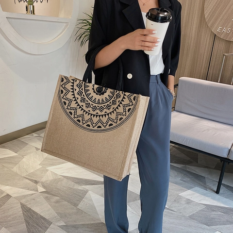 Bohemian Mandala Print Canvas Jute Tote Bag For Women Large Capacity Casual Shoulder Bag Handbag With Braided Rope Handle
