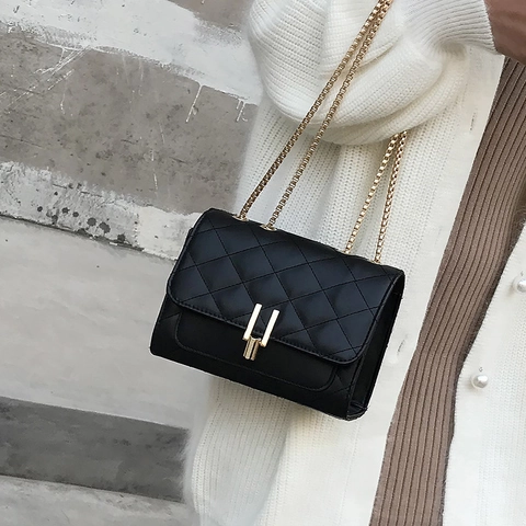 Quilted Rhombus Women Crossbody Bag PU Leather Gold Chain Small Square Shoulder Bag Korean Style Elegant