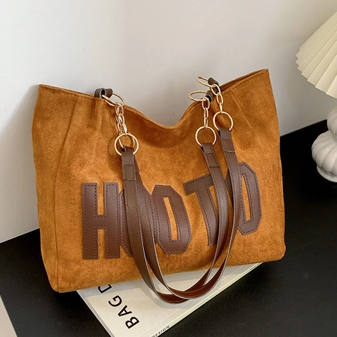 Bolso Tote de Lana de Gran Capacidad para Mujer Con Estampado de Letras Moda Cadena de Cuero PU Bolso de Hombro Bolso de Mano Casual Diario