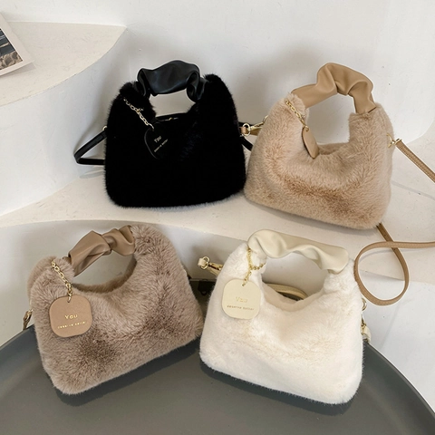 Women Plush Faux Fur Handbag With Knot Scrunchie Handle Small Square Crossbody Shoulder Bag With Metal Chain Letter Tag