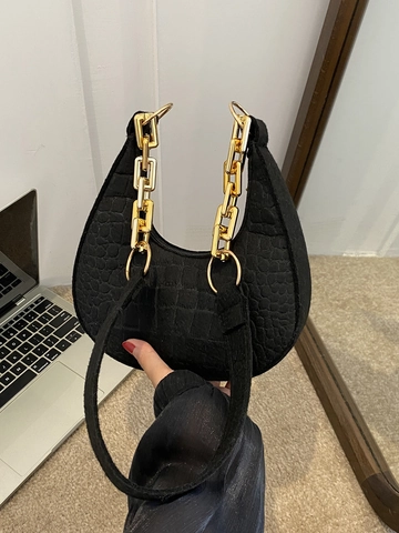 Women Crescent Hobo Bag Crocodile Embossed PU Leather Gold Chain Shoulder Underarm Purse Fashion Minimalist