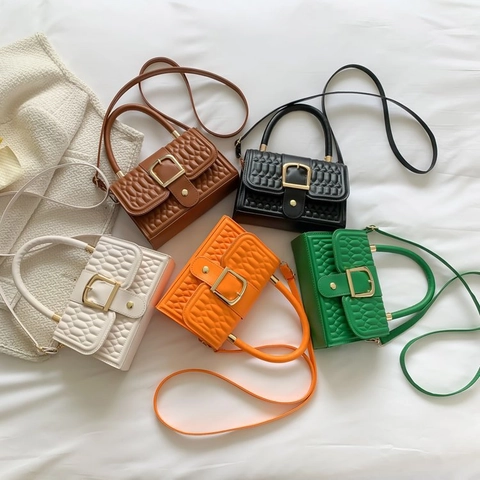 Women PU Leather Crossbody Bag Embossed Quilted Texture Small Square Handbag With Top Handle Retro Chic Minimalist