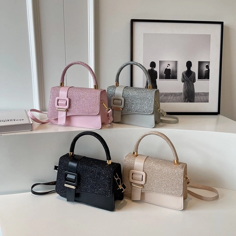 Women Fashion Handbag PU Leather Glitter Flap Square Buckle Crossbody Shoulder Bag Elegant Top Handle Niche Design