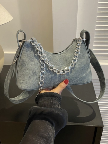 Vintage Denim Textuur PU Leer Oksel Schoudertas Met Grove Zilveren Ketting Ronde Hanger Voor Dames Y2K Stijl
