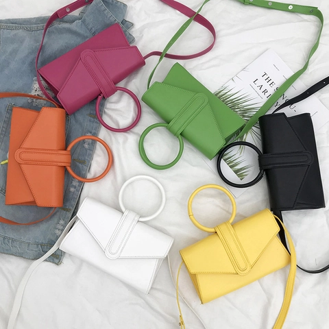 Women Small Shoulder Crossbody Bag PU Leather Round Handle Envelope Flap Candy Color Trendy Square Handbag