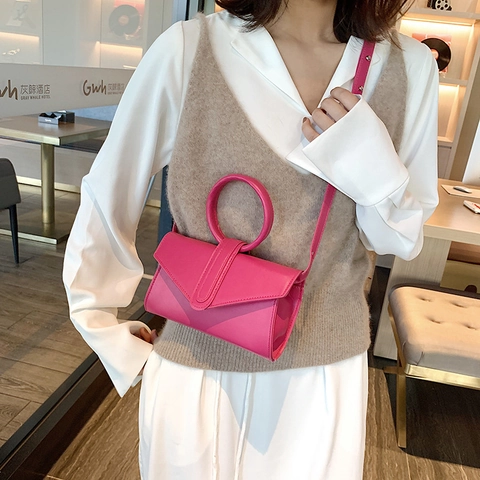 Women Small Shoulder Crossbody Bag PU Leather Round Handle Envelope Flap Candy Color Trendy Square Handbag