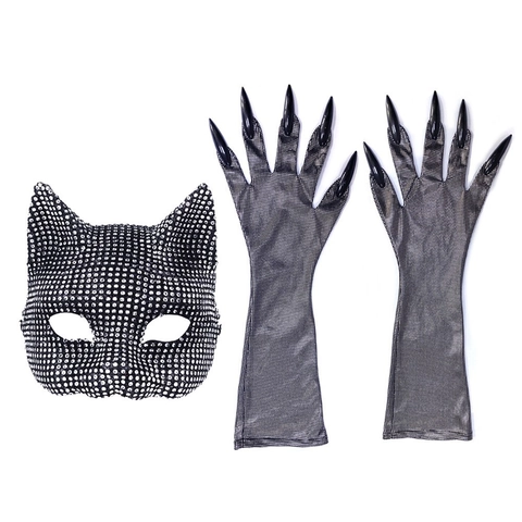 Misteriosa Maschera Da Gatta Con Strass E Guanti Lunghi Con Artigli Accessori Costume Halloween Carnevale Stile Gotico