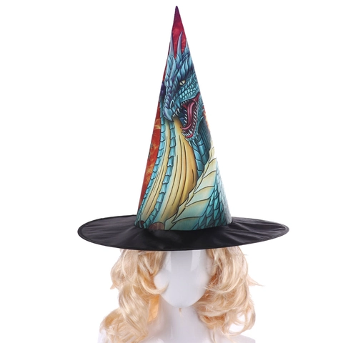 Chapeau De Sorcière Sorcier Halloween Pointu Dragon Pieuvre Crâne Imprimé Polyester Accessoire Costume Cosplay Pour Femmes