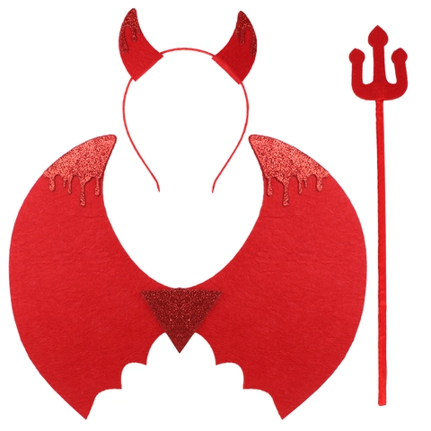 Halloween Rode Duivel Kostuum Vleugels Hoorn Hoofdband Drietand Glitter Non-woven Rekwisieten Voor Kinderen Volwassenen