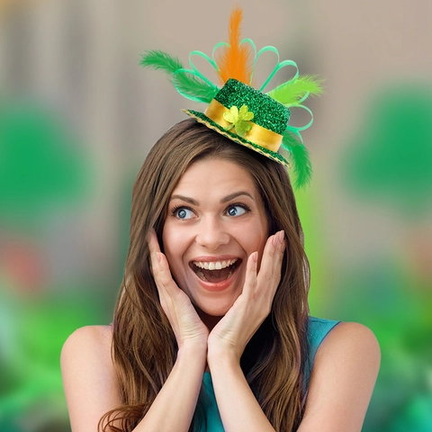 St Patrick's Day Mini Top Hat Headband With Green Feathers Shamrock Sequin Leprechaun Hat Hair Hoop Irish Party Accessory