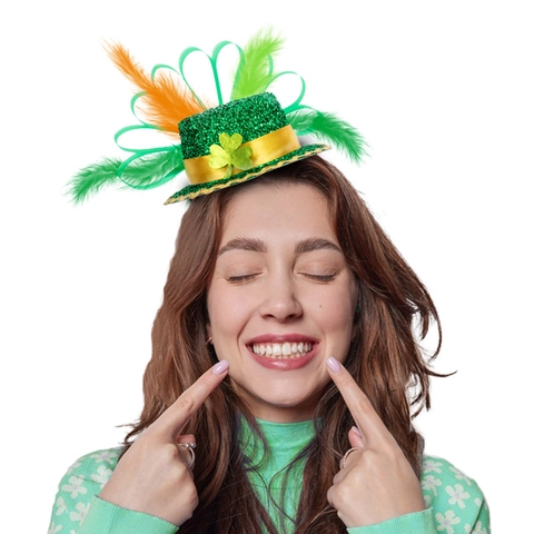 St Patrick's Day Mini Top Hat Headband With Green Feathers Shamrock Sequin Leprechaun Hat Hair Hoop Irish Party Accessory