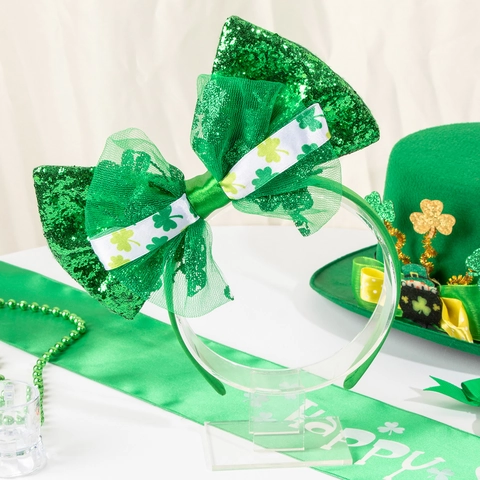 St Patrick's Day Green Sequin Bow Headband With Shamrock Pattern For Irish Festival Carnival Party Dress Up Accessories