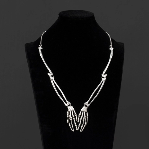 Skeleton Hand Bone Necklace Alloy Gothic Punk Jewelry Halloween Ghost Festival Party Costume Props Silver Color