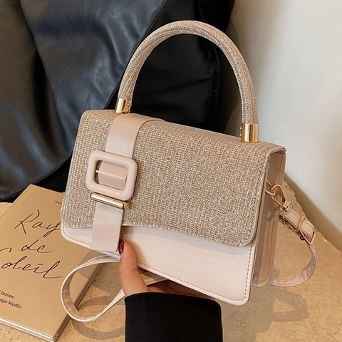 Women Handbag PU Leather Glitter Sequin Square Buckle Crossbody Shoulder Bag Fashionable Elegant Top Handle