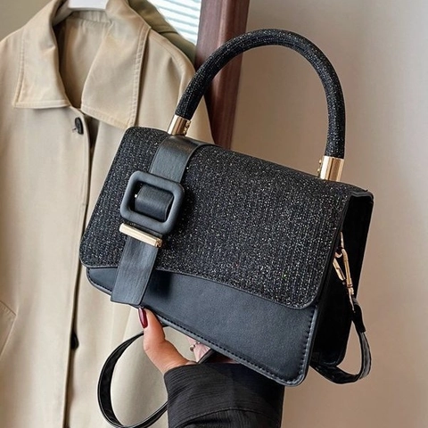 Women Handbag PU Leather Glitter Sequin Square Buckle Crossbody Shoulder Bag Fashionable Elegant Top Handle