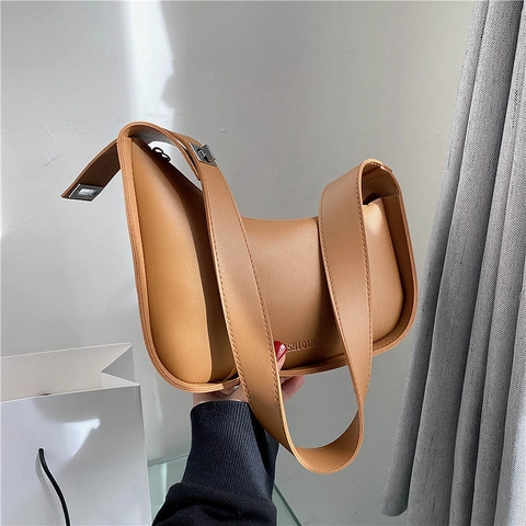 Women PU Leather Hobo Shoulder Bag Minimalist Solid Color Underarm Bag Adjustable Strap Letter Embossing Commuting Bag