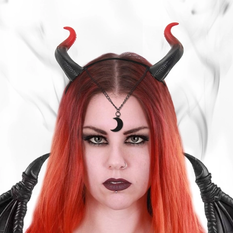Devil Horn Headband Halloween Cosplay Accessory Red Black Gradient Gothic Hair Hoop With Moon Pendant Metal Chain