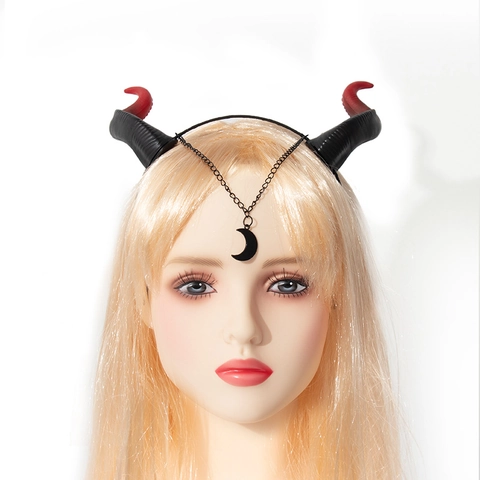 Devil Horn Headband Halloween Cosplay Accessory Red Black Gradient Gothic Hair Hoop With Moon Pendant Metal Chain