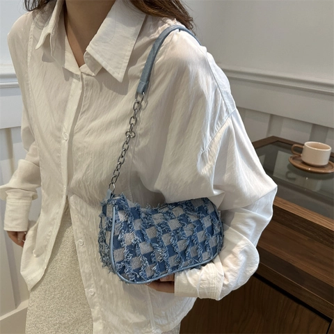 Mode Damen Segeltuch Unterarmtasche Ausgefranste Kante Sternmuster Schachbrett Neumond Schultertasche Mit Metallkette Street Style