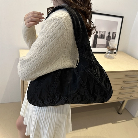 Bolso de Hombro Hobo para Mujer Gran Capacidad Vintage Textura Arrugada Bolso Tote de Lona Con Cremallera Triangular Moda Diaria