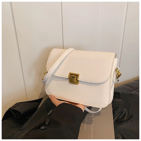 Vintage PU Leather Crossbody Bag For Women Luxury Metal Lock Square Shoulder Bag Casual Solid Color Trendy Fashion Handbag