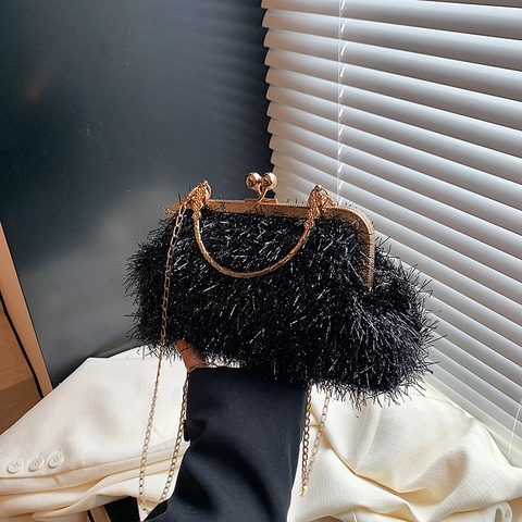 Elegante Borsa da Sera con Paillettes e Piume Sintetiche da Donna Pochette Vintage a Forma di Conchiglia con Tracolla a Catena