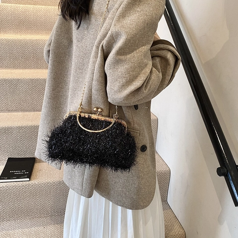 Elegante Borsa da Sera con Paillettes e Piume Sintetiche da Donna Pochette Vintage a Forma di Conchiglia con Tracolla a Catena