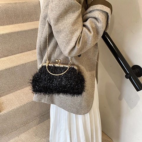 Elegante Künstliche Pelz Abendtasche Damen PU Leder Plüsch Kette Umhängetasche Retro Achseltasche Für Hochzeit Party Alltag