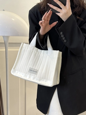 Women Quilted Tote Bag Vertical Stripe Cotton Linen Handbag Solid Color Casual Shoulder Bag Webbing Handle Simple Style