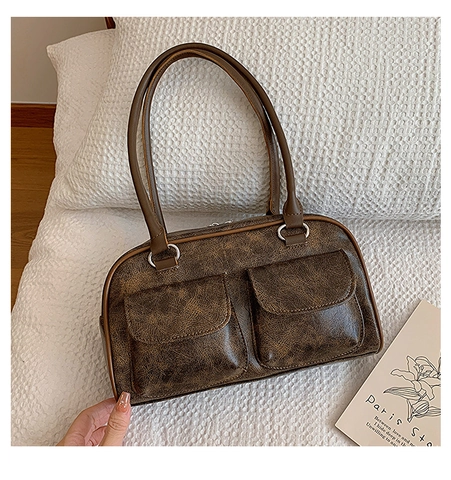 Bolso De Hombro De Cuero PU Retro Para Mujer Textura Envejecida Bolso De Axila Con Dos Bolsillos Delanteros Elegante