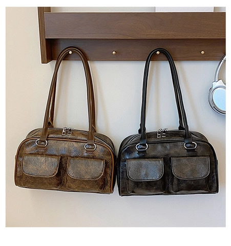 Bolso De Hombro De Cuero PU Retro Para Mujer Textura Envejecida Bolso De Axila Con Dos Bolsillos Delanteros Elegante
