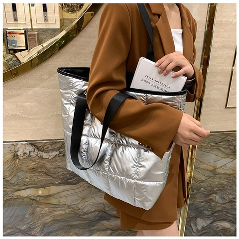 Women Fashion Quilted Puffer Tote Bag Large Capacity Glossy Space Cotton Shoulder Bag Metallic Silver Black Lightweight Shopper