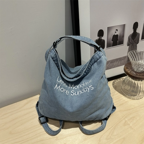 Damen Casual Denim Tragetasche Bestickt Buchstabe Große Kapazität Umhängetasche Einfache Vielseitige Pendeltasche Blaue Jeanstasche