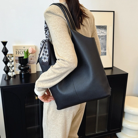 Women Large Capacity PU Leather Tote Bag Minimalist Solid Color Shoulder Bag With Satin Scarf Decoration Daily Commuting Handbag