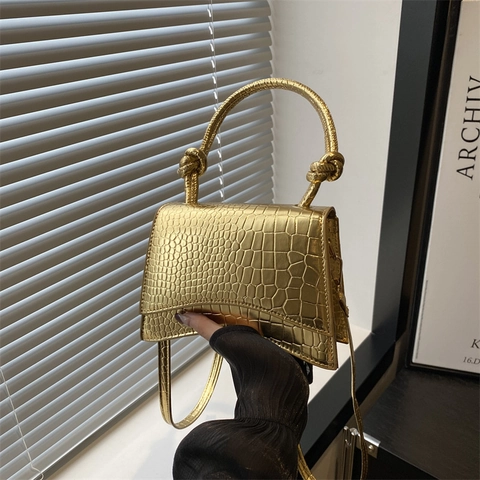Sac à Épaule en PU Motif Crocodile pour Femmes Poignée à Nœud Fond Incurvé Mini Sac à Main Sac Bandoulière Quotidien