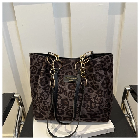 Sac Cabas Léopard Pour Femmes Grande Capacité Sac À Main En Tissu Avec Chaîne Dorée Et Bandoulière En Cuir Mode