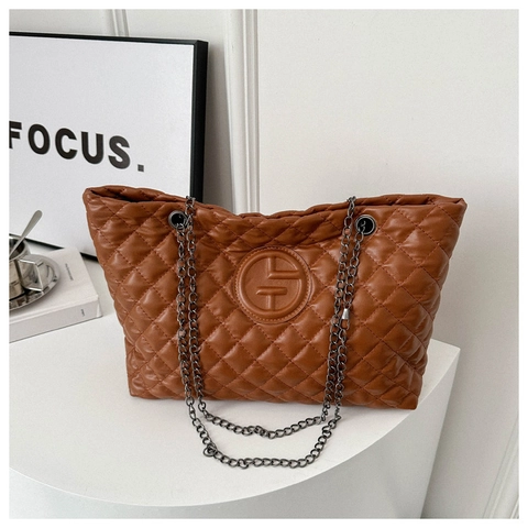 Quilted Diamond Pattern Tote Bag PU Leather Large Capacity Handbag With Chain Strap For Women Urban Casual Commuter