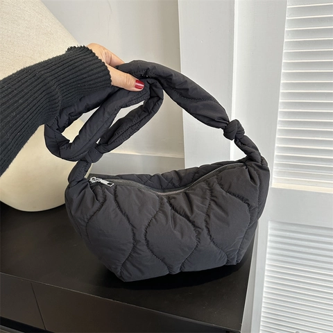 Women Quilted Puffer Hobo Bag Oxford Cloth Knot Shoulder Strap Zipper Closure Solid Color Cloud Bag Fashion Casual