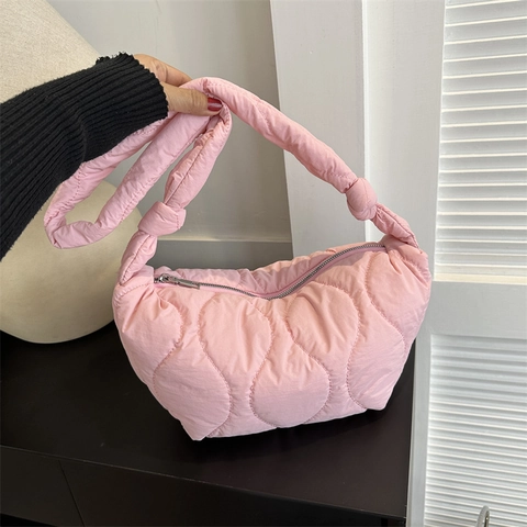 Women Quilted Puffer Hobo Bag Oxford Cloth Knot Shoulder Strap Zipper Closure Solid Color Cloud Bag Fashion Casual