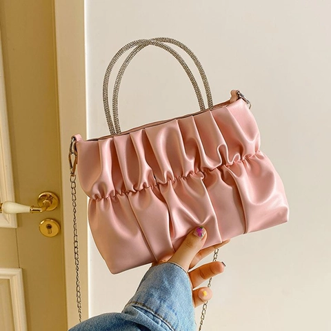 Mode Damen Geraffte Handtasche Mit Strass Griff Kleine PU Leder Quadratische Umhängetasche Mit Kettenriemen
