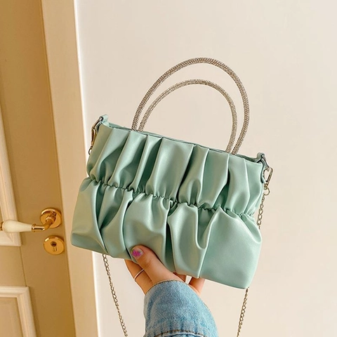 Mode Damen Geraffte Handtasche Mit Strass Griff Kleine PU Leder Quadratische Umhängetasche Mit Kettenriemen
