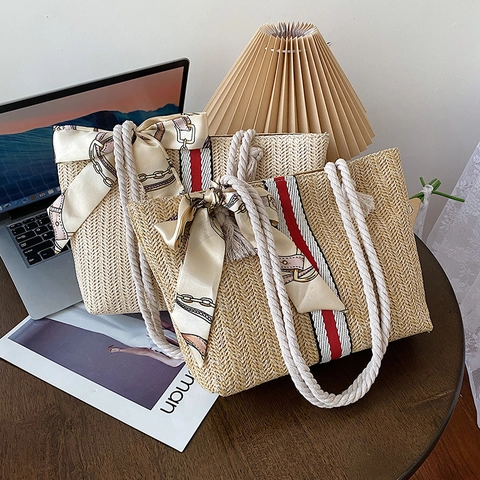 Sac Cabas en Paille Tressée Style Français pour Femmes Avec Foulard en Satin Décoration Anse en Corde de Coton Été Plage Vacances Sac à Épaule