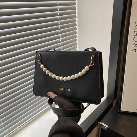Women PU Leather Square Shoulder Bag Artificial Pearl Chain Decorative Handle Fashion Lettering Crossbody Bag Elegant Handbag