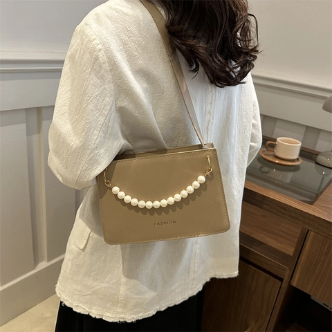 Women PU Leather Square Shoulder Bag Artificial Pearl Chain Decorative Handle Fashion Lettering Crossbody Bag Elegant Handbag