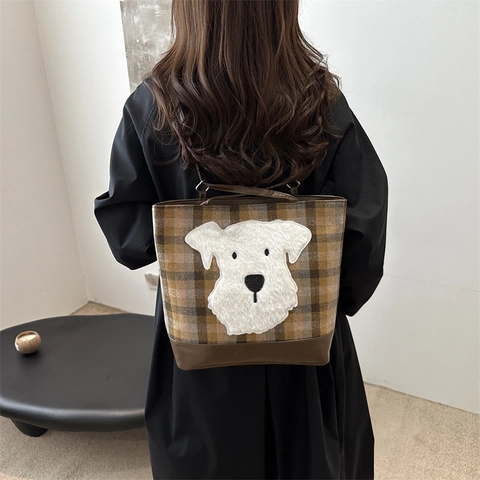 Borsa Tote A Quadri Da Donna Grande Capacità Tela PU Giunzione Cartone Animato Orso Cane Gatto Patch Borsa A Tracolla